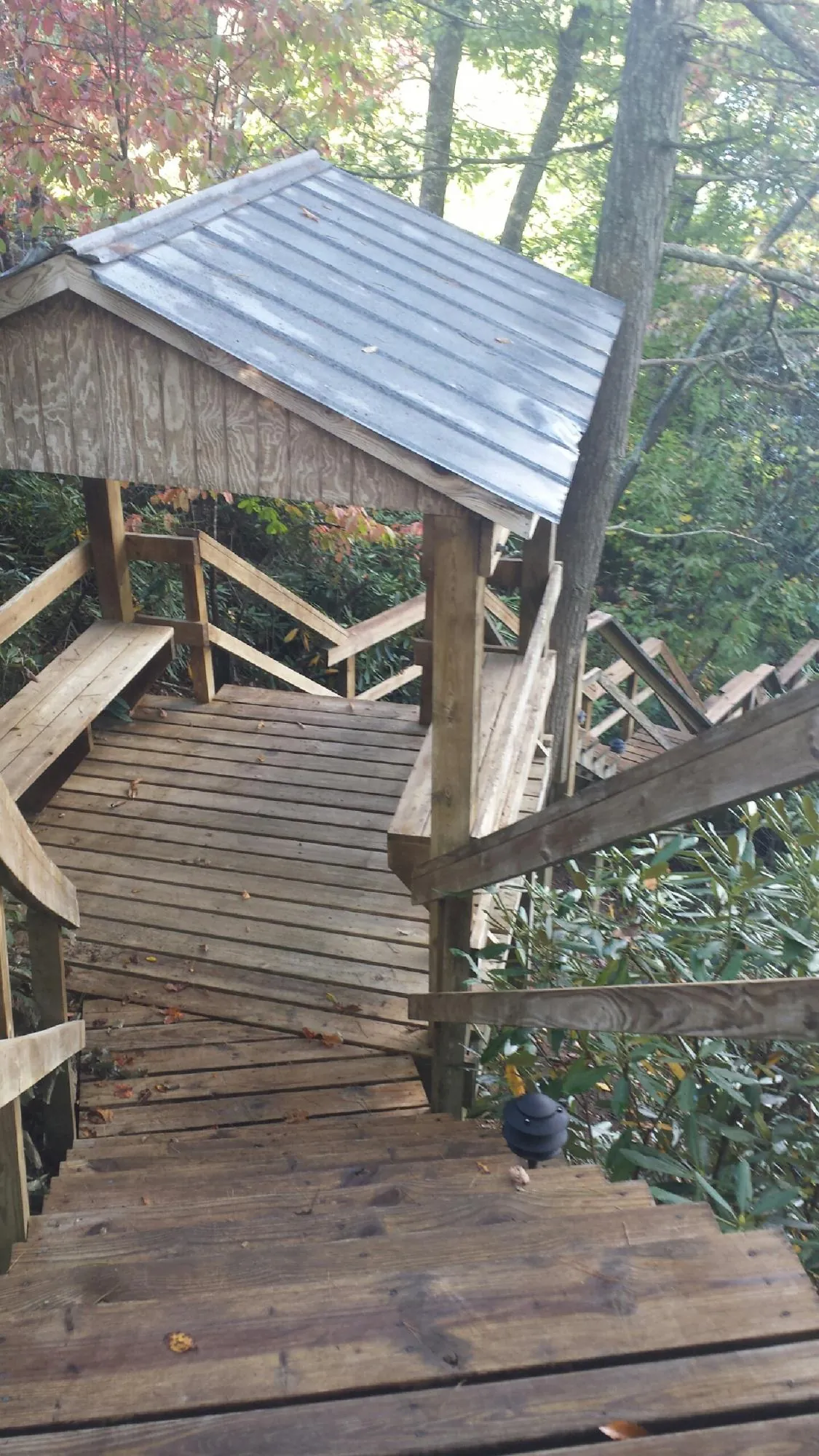 Metal roofed shelter over wooden steps on a wooded walkway — Skylight Repair & Installation work by our crew in La Junta